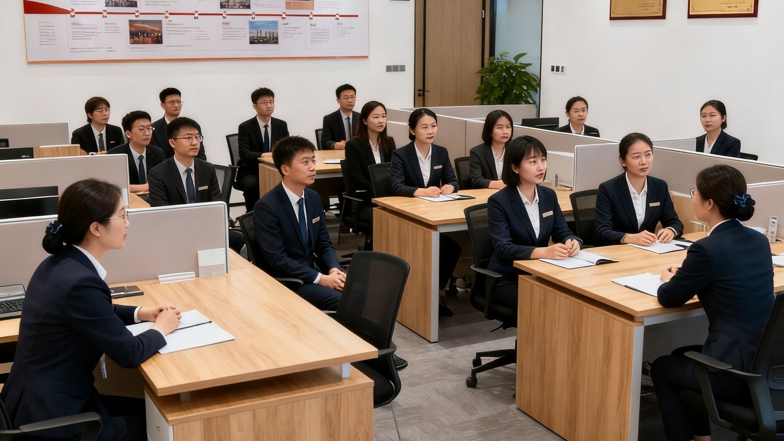 168贵宾会集团总部办公环境，开放式办公区中数十位专业管家正在进行培训研讨，墙面展示着公司发展历程与荣誉证书。
