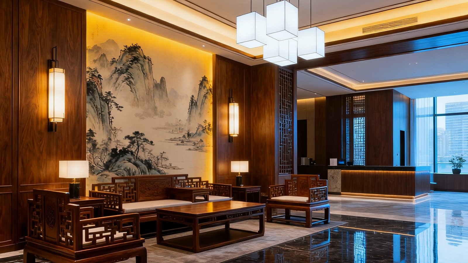 上海浦东某高档商务会所内部空间，典雅的中式装修风格搭配现代灯光设计，会员休息区宁静雅致。