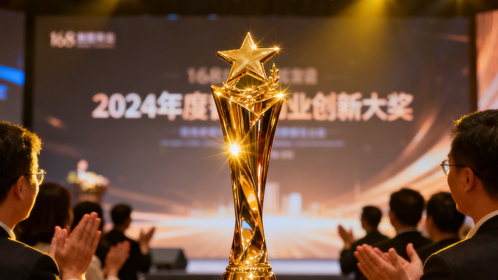 168贵宾会荣获2024年度智慧物业创新大奖的颁奖现场照片，奖杯在灯光下熠熠生辉。