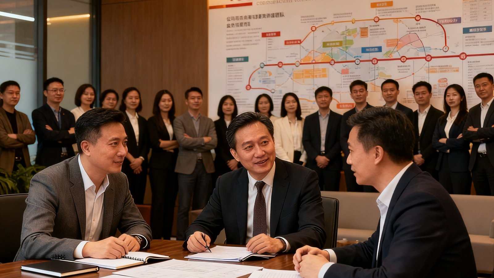 168贵宾会核心管理团队合影，三位创始人在总部会议室中讨论战略规划，背景展示着公司愿景墙和服务版图。